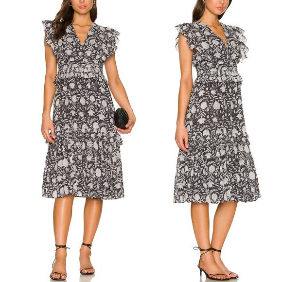 NEW‎ Cleobella Dress Cherie Navy Floral Ruffled V-Neck Midi Dress Size Large - Picture 1 of 10